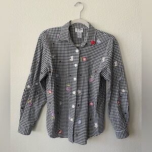 Vintage Lady Bug Floral Embroidered Black White Gingham Button Down Shirt Size S
